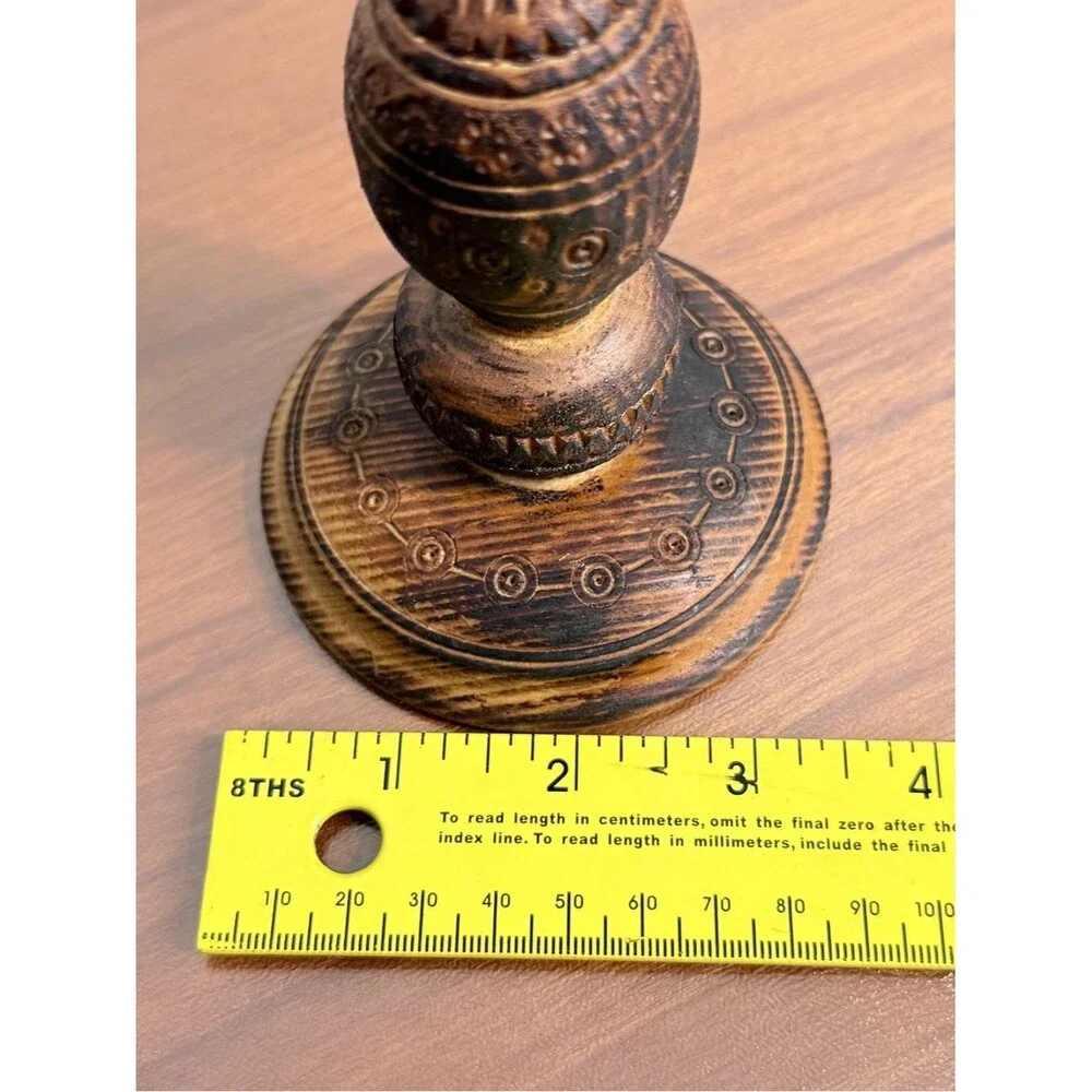 2 Carved Distressed Wood-Burned Turned Wood Candle Holders 10”